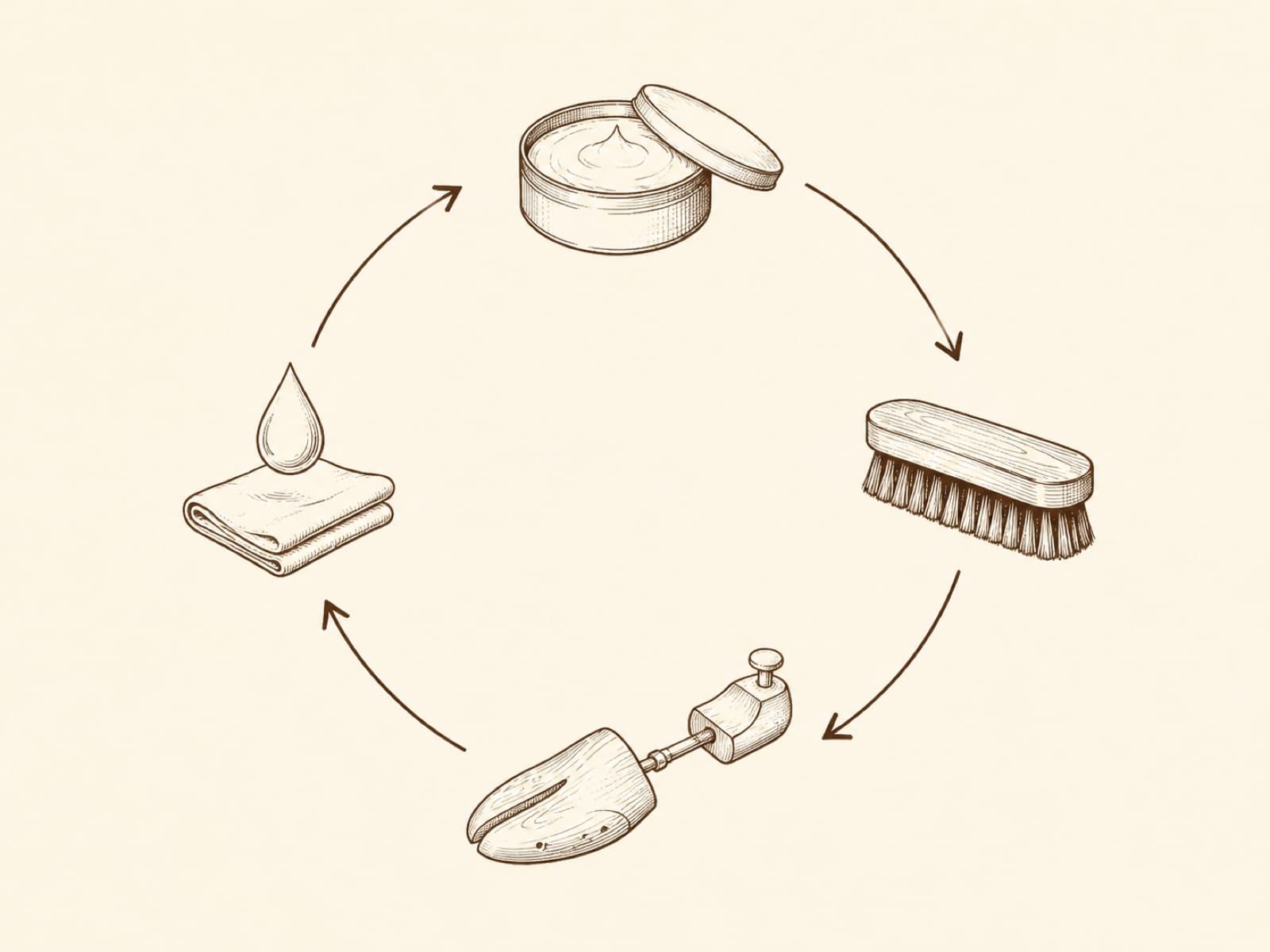 Diagram of a circular care sequence: cream tin, brush, shoe tree, water droplet with cloth