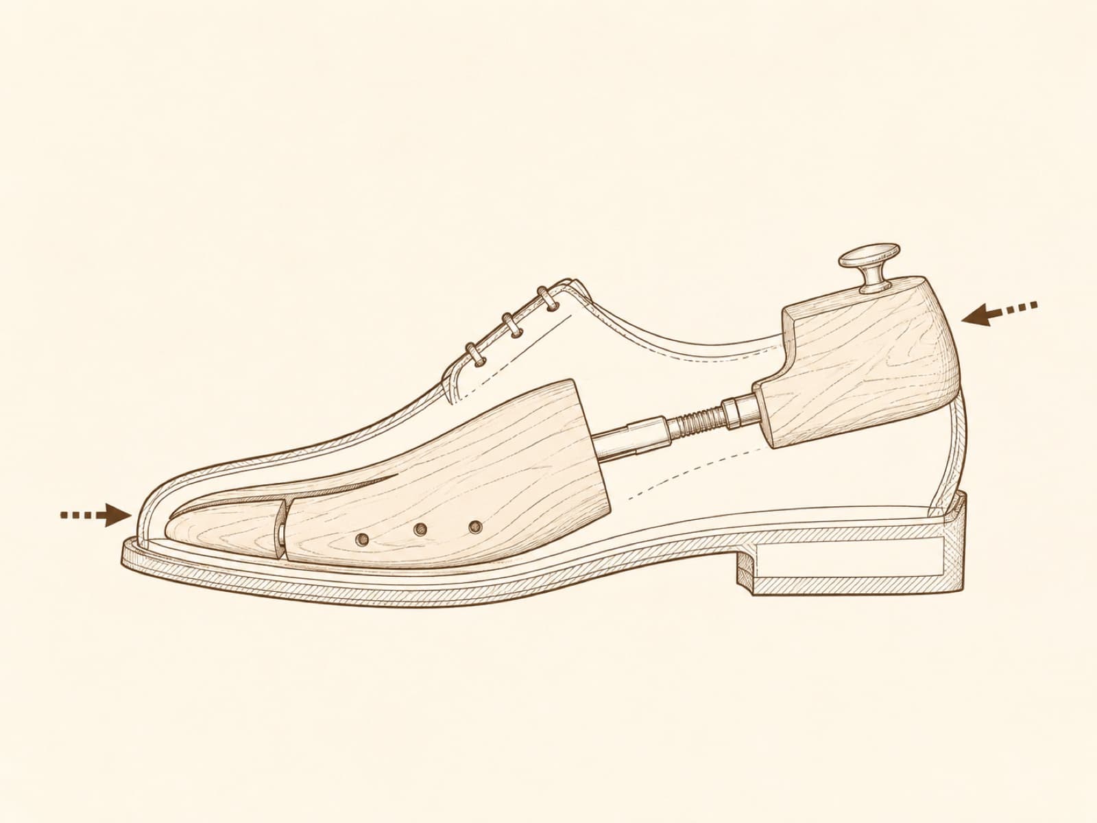Diagram of a cedar shoe tree being inserted into a shoe, shown in section