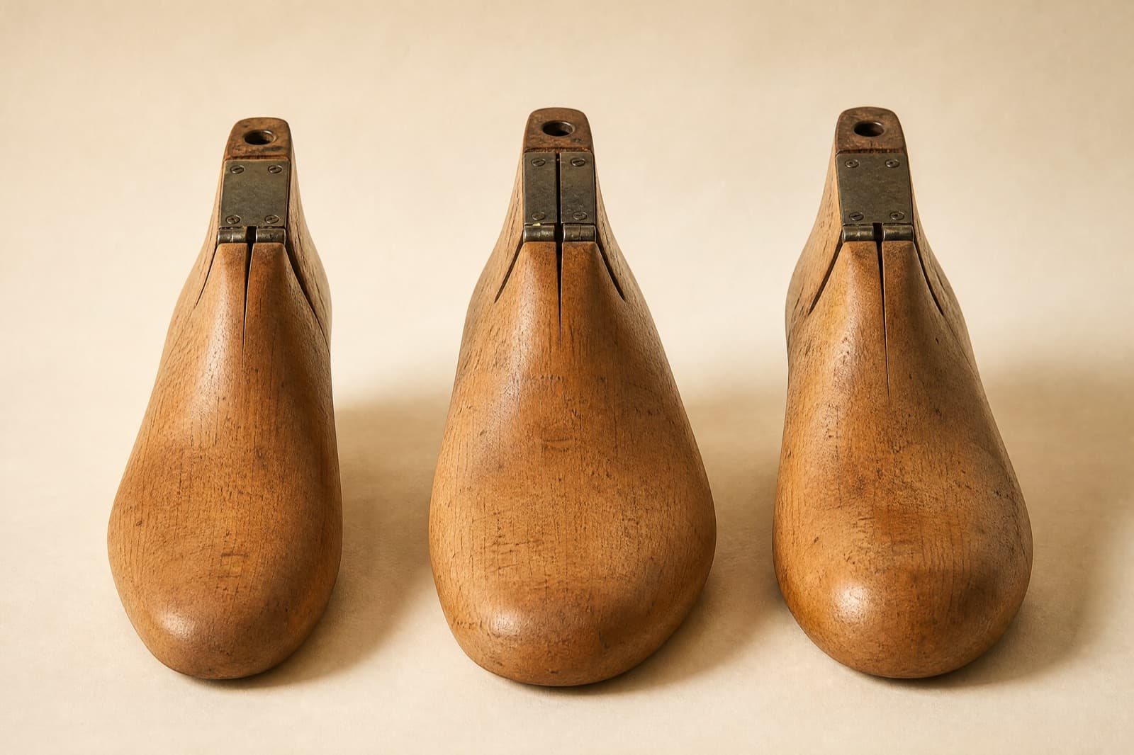 Three wooden shoe lasts standing in a row: a standard last, a wider last and a round-toe last