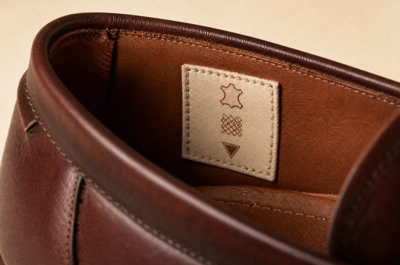 Close view of the material label sewn inside a shoe, showing three stacked pictograms