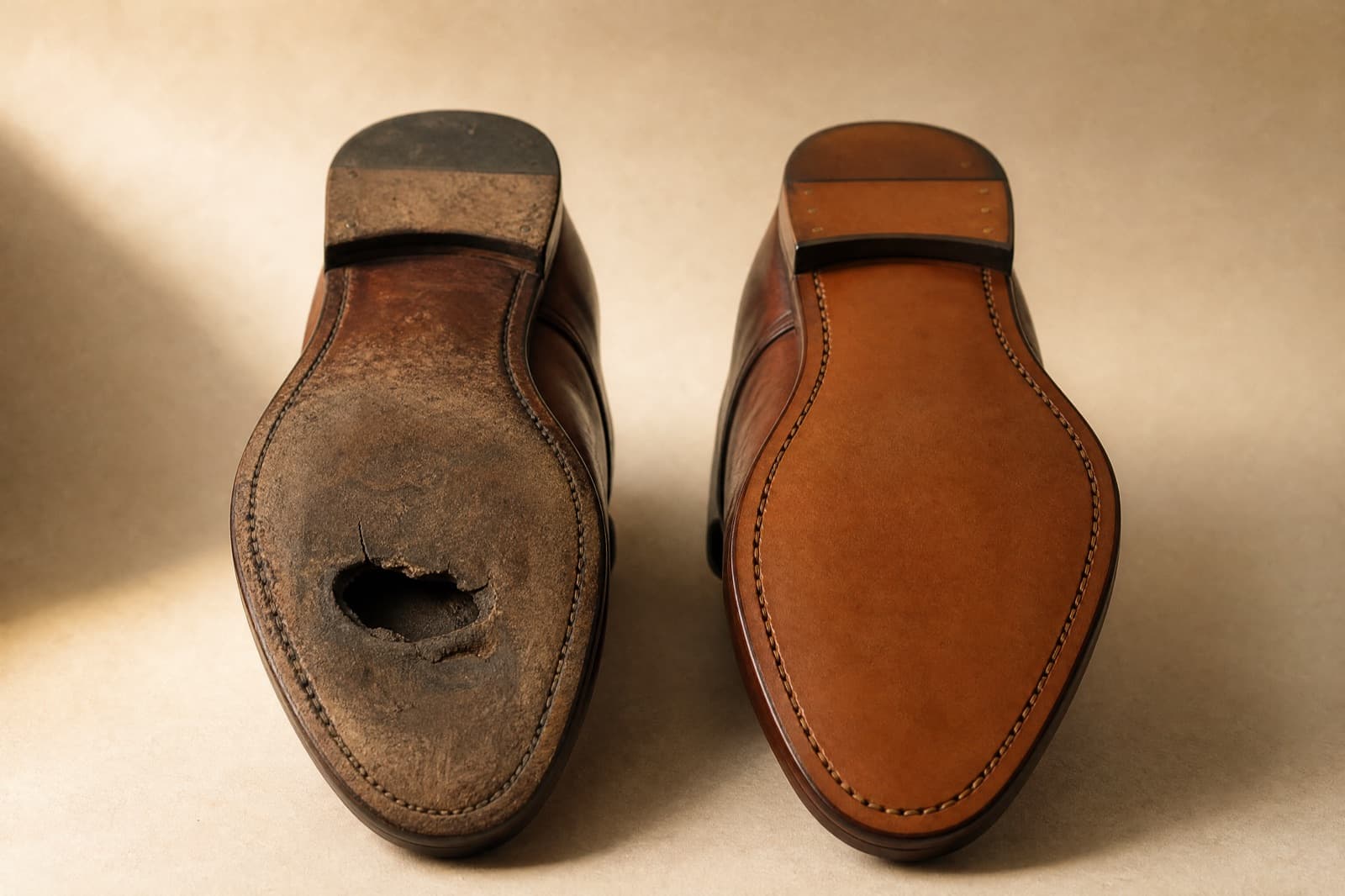 Two identical shoes seen from underneath: one worn through at the ball, one with a new sole and fresh welt stitching