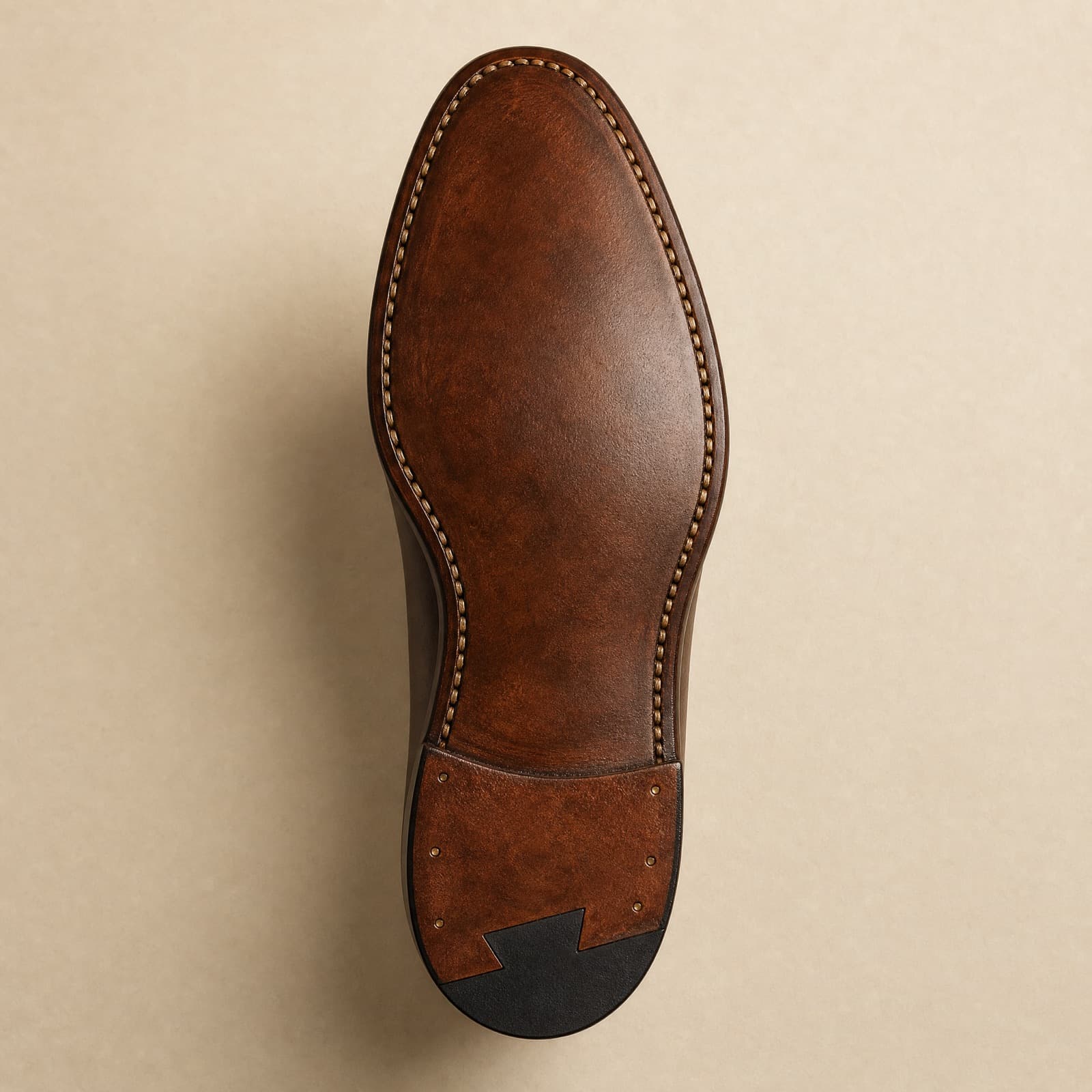 Underside of the goodyear welted sole, showing the stitching