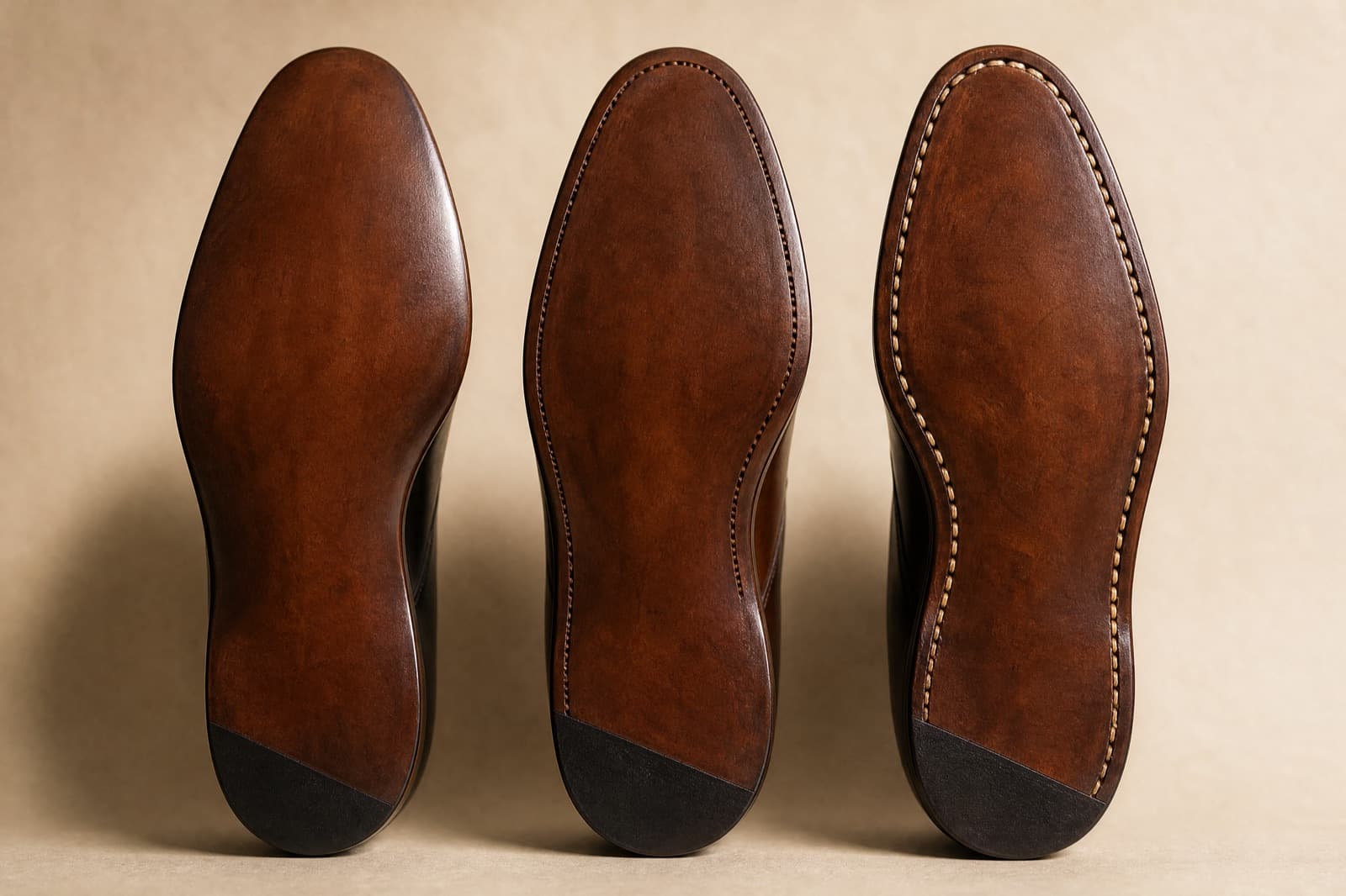 Three soles seen from underneath: one smooth with no stitching, one with a fine stitch line inside the edge, one with bold stitching around a projecting welt