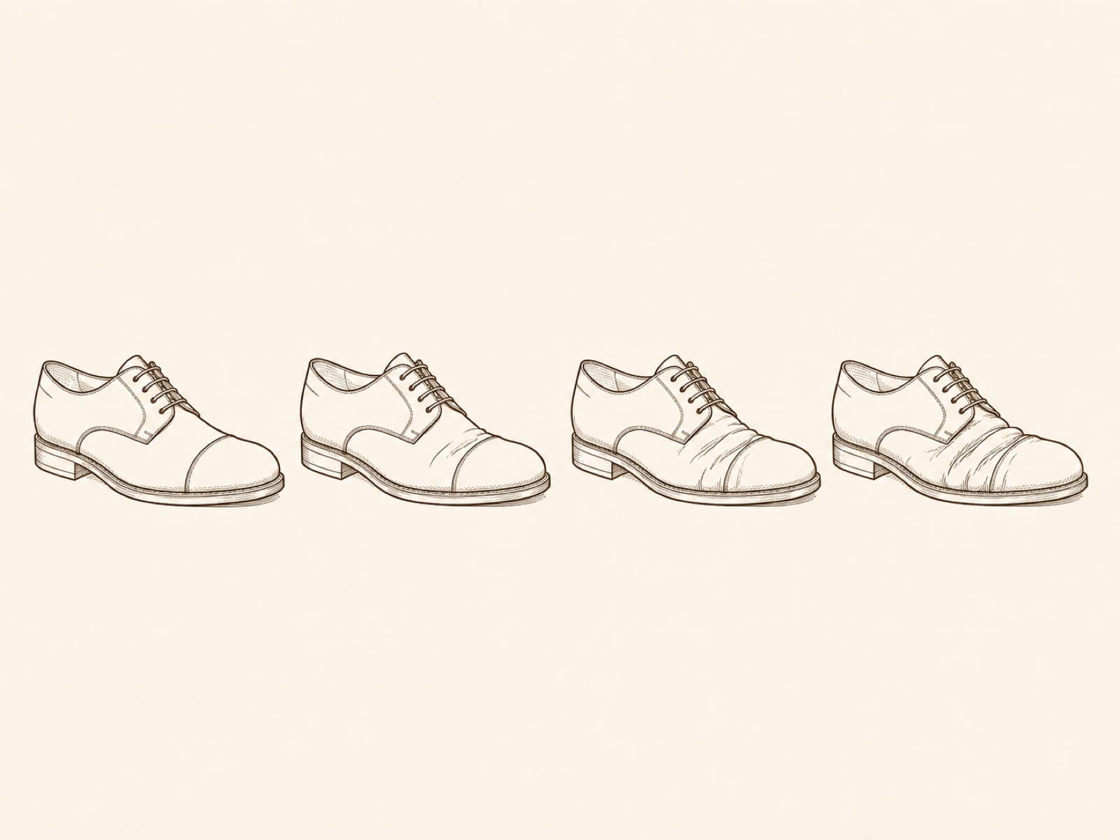 Diagram of the same shoe profile repeated four times, showing flex creasing developing across the vamp
