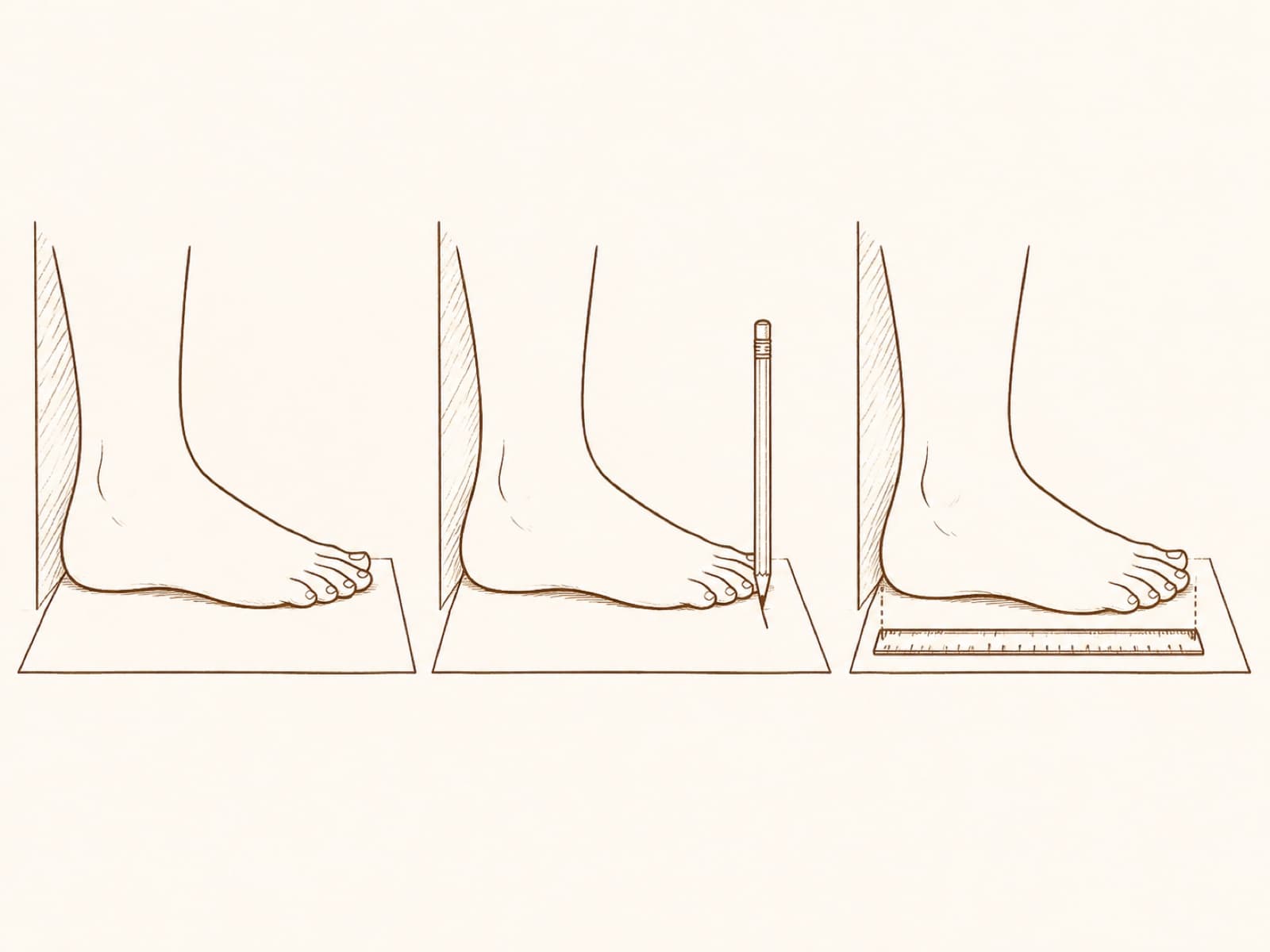 Diagram showing a foot on paper against a wall, a pencil marking the longest toe, and a ruler measuring the distance