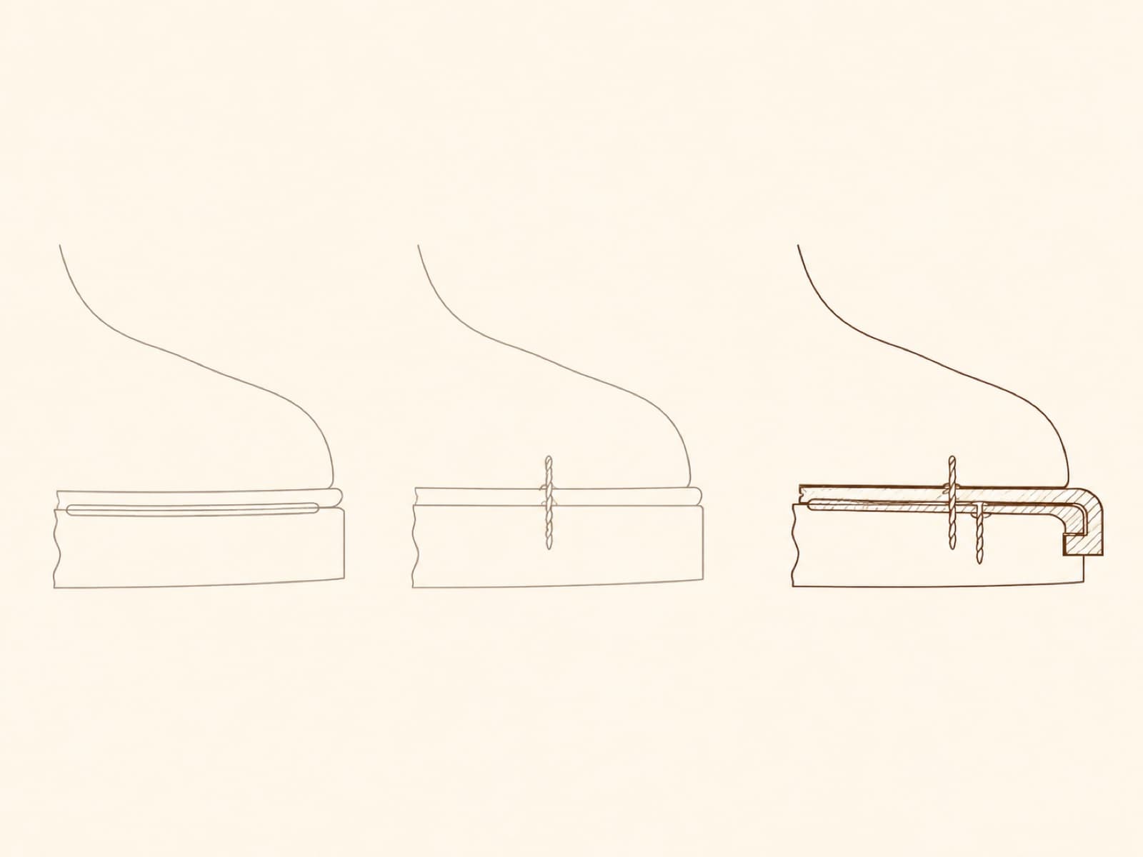 Diagram of three sole cross-sections, with only the welted one drawn in solid colour