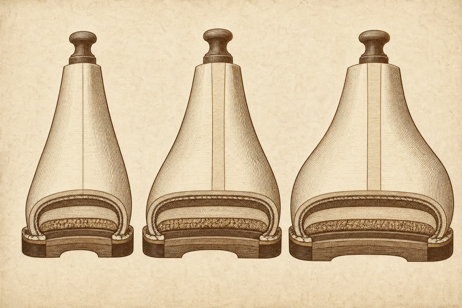 Cross-sections of three shoe lasts at the ball of the foot, showing a standard, a wide and a round-toe last side by side